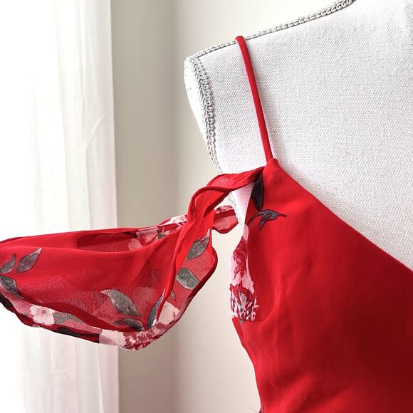 Speechless Red Floral Off Shoulder Ruffly Flowy Chiffon Dress - Medium - Picture 4 of 11